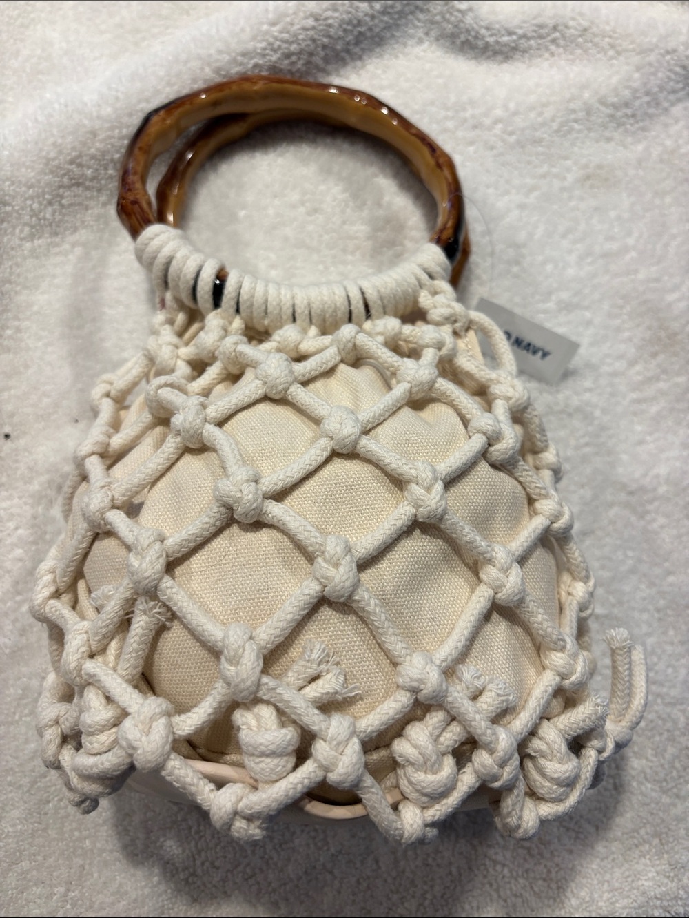 Old Navy Cream Macramé Mini Bag with Tortoiseshell Handle